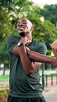 Outdoor, stretching and man with exercise, smile and wellness with goals, warm up and challenge. People, workout and runner with training, start routine and healthy with muscle flexibility or fitness