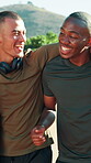 Park, men and laughing with friends, fitness and bonding on break, hug and conversation for exercise. Healthy, athletes and outdoor for workout routine, embrace and people with funny joke and support
