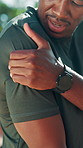 Shoulder pain, outdoor and black man with fitness, injury and sports with exercise. Workout, runner and African person with muscle tension, nature and bruise with fibromyalgia and inflammation