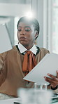 Documents, giving and meeting with business black woman in office for project management. Handing, paperwork and report with African employee in workplace boardroom for development or feedback