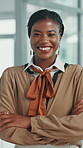Face, black woman and smile in office with arms crossed, fashion entrepreneurship and career goals. Confident, happy person and designer with pride for retail startup, creative business and about us.