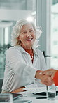 Discussion, shaking hands and business people in office with deal, agreement or finance negotiation. Applause, contract and mature financial advisor with client for handshake with investment.