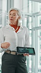 Corporate, woman and meeting with tablet screen in office for machine learning with ai innovation. Mature speaker, digital and presentation on automation process, data science and intelligent systems