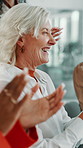 Happy woman, team and applause in meeting with success, business growth or project milestone. Mature person, people and clap in office with celebration, stakeholder satisfaction and goal achievement.