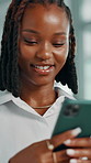 Cellphone, happy and black woman in office with communication, networking or email on mobile app. Technology, contact and African female editor with phone for research, social media or texting.