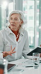 Business, tablet and woman in meeting, planning and communication with internet. Email, mature person and employee in workplace, conversation and connection with network, feedback and company vision