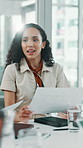 Conversation, documents and meeting with business woman in boardroom for feedback or review. Development, paperwork and workshop with happy African employee speaking in workplace for company report