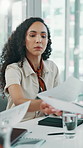 Conversation, documents and giving with business woman in office for project management. Meeting, paperwork and report with employee handing notes in workplace boardroom for development or feedback