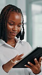 Reading, black woman or scroll with tablet in office, economy research or client portfolio management. Review proposal, planning or financial advisor with tech for investment project, risk and record