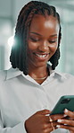 Phone, happy and black woman in office with communication, networking or email on mobile app. Technology, contact and African female editor with cellphone for research, social media or texting.