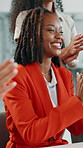 Happy woman, team success and applause in meeting for business growth, project goals or milestone. People, clapping or celebration in office for target achievement, good news and profit announcement.