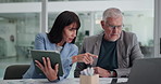 Teamwork, man and woman with tech, office and risk management with tablet, pointing and conversation. Financial analyst, discussion and mature people with laptop for performance review or online