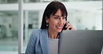 Laptop, phone call and happy business woman in office for financial deal, negotiation or advice. Computer, mobile and talk with wealth advisor, consulting or investment solution with mature person