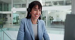 Business woman, consultant or computer with headset for customer service or online advice in office. Happy, female person or friendly agent talking with mic for virtual assistance, help or support