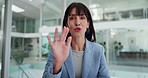 Face, business and woman wave for video call for discussion, planning and finance report. Portrait, person and greeting for webinar, online meeting and communication for financial feedback of project