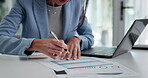 Hands, person and writing on document in office for accounting, checklist and finance report. Mature woman, paperwork and pc with statement, company expenses and financial numbers of asset management