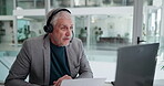 Laptop, paper or businessman on video call with headset for virtual meeting, finance advice or help. Financial advisor, mature person and webinar in office for asset management and customer service
