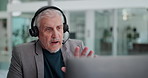 Mature, businessman and laptop with headset for online advice or customer service in office. Man, consultant or agent talking with mic for virtual assistance, business support or help in workplace