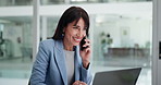 Business woman, phone call and laptop at office with smile, contact and networking at finance company. Person, broker or advisor with smartphone, mobile app and discussion for investment at agency