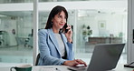 Laptop, business woman and phone call in office for financial deal, negotiation or advice. Computer, mobile and talk with wealth advisor, consulting or investment solution with happy mature person