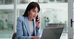 Laptop, business woman and phone call in office for financial deal, negotiation or typing. Computer, mobile and talk with wealth advisor, consulting or investment solution with happy mature person