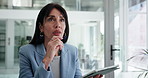 Business, decision and woman in office, tablet and planning with company audit, email and choice. Mature person, financial agency and employee with tech, reflection and thinking with problem solving