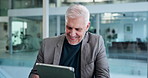 Tablet, laugh and mature business man with financial feedback, thinking or check proposal at work. Technology, office and happy advisor reading email for investment project, funny joke and vision