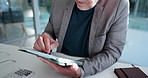 Office, hands and business man with tablet to scroll report for audit, email or bookkeeping. Technology, mature person and accountant at work for budget review, financial records or online research