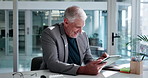 Business, tablet and man in office, internet and smile with financial agency, app and funny. Mature person investor or employee in workplace, happy and tech with connection, laughing and online humor