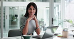 Face, business woman and happy with laptop for financial reporting, account management and payroll. Accounting firm, accountant and smile with tech for investment funding, budget review and planning