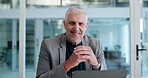Face, businessman and smile office with laptop for investment banking, career development and growth. Happy, mature person and manager in workplace with computer, financial management and about us.