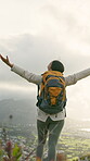 Hiking, back or woman on mountain with arms raised,  achievement or success in exploration goals. Space, adventure or tourist outdoor with victory, gratitude or celebration for trekking milestone.