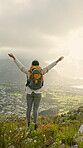 Hiking, back or woman on mountain peak with arms raised,  achievement or success in exploration goal. Space, adventure or tourist outdoor with victory, gratitude or celebration for trekking milestone