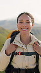 Face, hiking and laughing with woman outdoor in nature for adventure, hobby or journey. Backpack, tourism and wellness with funny hiker person in mountain location for break, trip or vacation