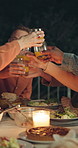Cheers, juice and people with dinner outdoor for bonding, connection or love together in backyard. Happy, hands and group of friends with fruit drink for toast at evening supper for celebration.
