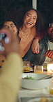 Night, dinner and people with smartphone, photography and smile with social gathering. Evening, friends and group with happiness, memory and picture with reunion, cellphone screen and funny with meal