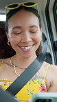 Travel, woman and happy with phone in car for location research, road trip and online browsing. Ride safety, person and smile with smartphone in vehicle for internet search, hotel booking or texting