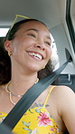 Thinking, smile and woman in car, travel and road trip with adventure, wonder and contemplation. Person, vehicle and traveller with happiness, ponder and journey with commute and transportation