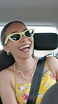 Singing, travel and woman with sunglasses, road trip and vacation with happiness. Vehicle, tourism and person with transportation, karaoke and summer holiday with break, adventure, shades and journey
