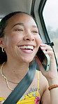 Travel, woman and happy with phone call in car for funny conversation, road trip chat and update. Window, passenger and laugh with contact in vehicle for holiday planning, comic discussion or journey