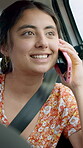 Travel, girl and happy with phone call in car for storytelling, road trip chat and conversation. Window, passenger and talking to contact in vehicle for holiday planning, discussion or journey update