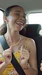 Excited woman, dancing and singing with car for karaoke, vacation or travel on fun road trip. Happy, female person or vibe with music in vehicle or ride for holiday getaway, commute or transportation