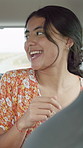 Happy woman, dancing and singing with car for karaoke, vacation or travel on fun road trip. Excited, female person or vibe with music in vehicle or ride for holiday getaway, commute or transportation