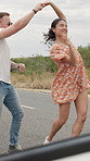 Happy couple, dancing or street with music for road trip, vacation or fun travel together in nature. Man, woman or travelers with smile or vibe for outdoor holiday, weekend or freedom in countryside