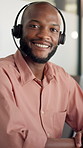 Face, headset and smile of black man in call center for communication, feedback or virtual help. Assistance, contact us and customer service with happy employee in office for consulting or support