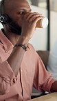 Customer service, man and drinking coffee in call center for HR advice, telecom assistance and support. Consultant, black person and tech in office with hot beverage, client help and human resources.