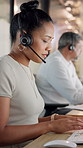Customer service, woman and typing in call center with keyboard for HR advice, telecom and support. Human resources, person and consultant in office with tech for client contact, help and coworking.