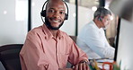 Face, man and headset with smile at call centre for career pride, about us and customer support. Portrait, male person and coworking with computer, contact centre and online assistance for crm advice