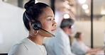 Woman, reading and customer support with headset for crm, call center and bokeh in office. Consultant, technology and advice agency with typing, problem solving and operator with help desk at night