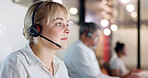 Woman, reading and customer service with headset for crm, call center and bokeh in office. Consultant, technology and advice agency with typing, problem solving and operator with help desk at night